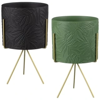 B&M Leaf Embossed Planter On Gold Stand - Black 4 B&M Leaf Embossed Planter On Gold Stand - Black - Image 2